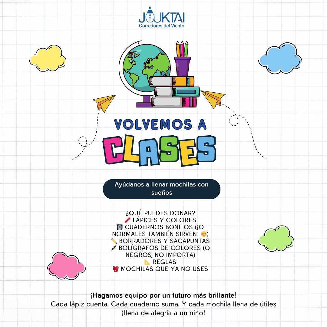 🎒 ¡Útiles escolares, porfa! 🎒
Ayúdanos a llenar mochilas con sueños

Hola, somos la Fundación Jouktai, y estamos buscando corazones generosos como el tuyo ❤️ para que los niños y jóvenes puedan arrancar el año escolar con todo lo que necesitan.

¿Qué puedes donar?
🖍 Lápices y colores
📓 Cuadernos bonitos (¡o normales también sirven! 😊)
✏️ Borradores y sacapuntas
🖊 Bolígrafos de colores (o negros, no importa)
📐 Reglas
🎒 Mochilas que ya no uses

¿Dónde puedes dejarlos?
📍 @kiteaddictcolombia en Mayapo 

Si prefieres ayudarnos con 💰 para comprar lo que falta, también es súper bienvenido

¡Hagamos equipo por un futuro más brillante!
Cada lápiz cuenta. Cada cuaderno suma. Y cada mochila llena de útiles ¡llena de alegría a un niño!

Contáctanos:
📞 3137961867
✉️ Info@jouktai.org