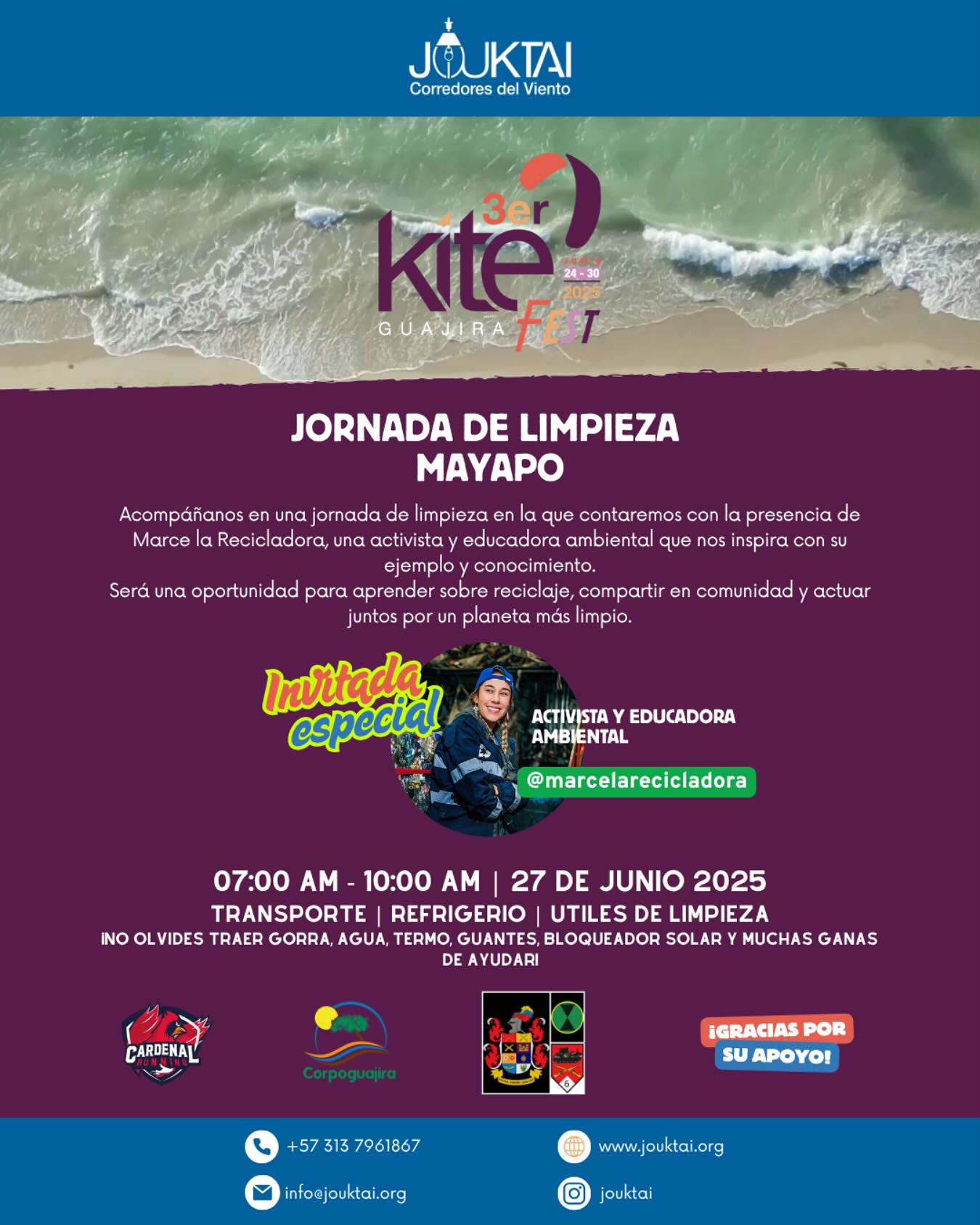 ¡Únete a nuestra Jornada de Limpieza con Marce la Recicladora!

Te invitamos a participar en una actividad especial por el cuidado del medio ambiente.
Acompáñanos en una jornada de limpieza en la que contaremos con la presencia de Marce la Recicladora, una activista y educadora ambiental que nos inspira con su ejemplo y conocimiento.

🗓 Fecha: Jueves, 27 de junio
📍 Lugar de encuentro: Playa de Mayapo
🕕 Hora: De 6:00 a.m. a 10:00 a.m.

Será una oportunidad para aprender sobre reciclaje, compartir en comunidad y actuar juntos por un planeta más limpio.

¡No olvides traer gorra, agua, bloqueador solar y muchas ganas de ayudar!
Habrá actividades para todas las edades y sorpresas para los participantes.

¡Te esperamos!